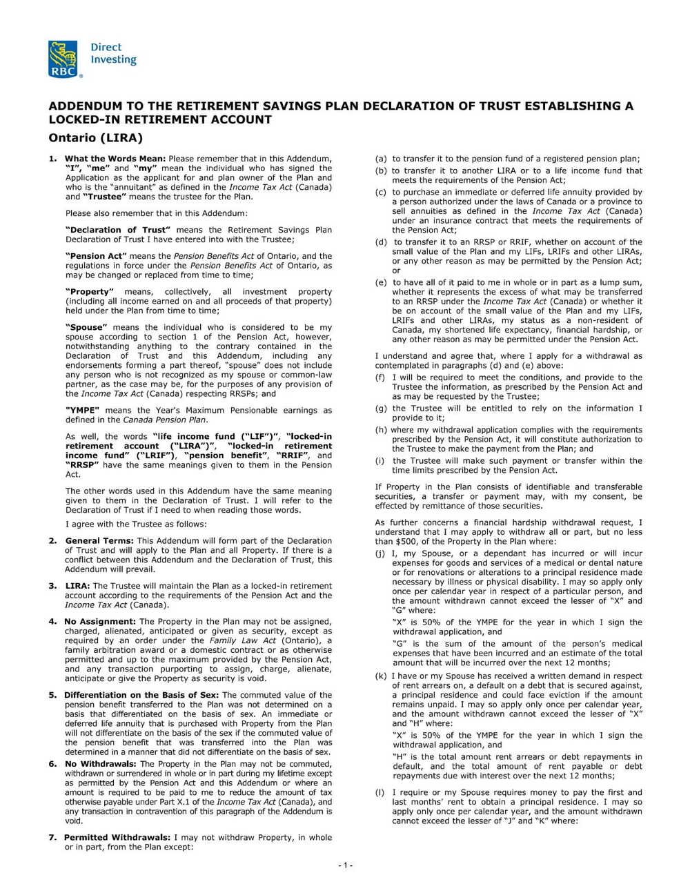 RBC Bank Form - LIRA - Ontario Addendum PDF Download