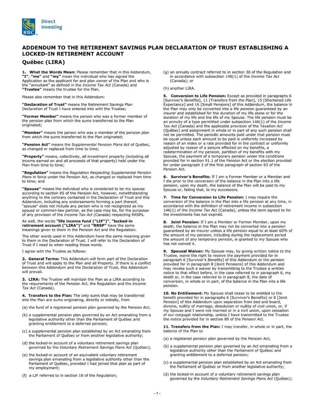 RBC Bank Form -LIRA - Quebec Addendum PDF Download