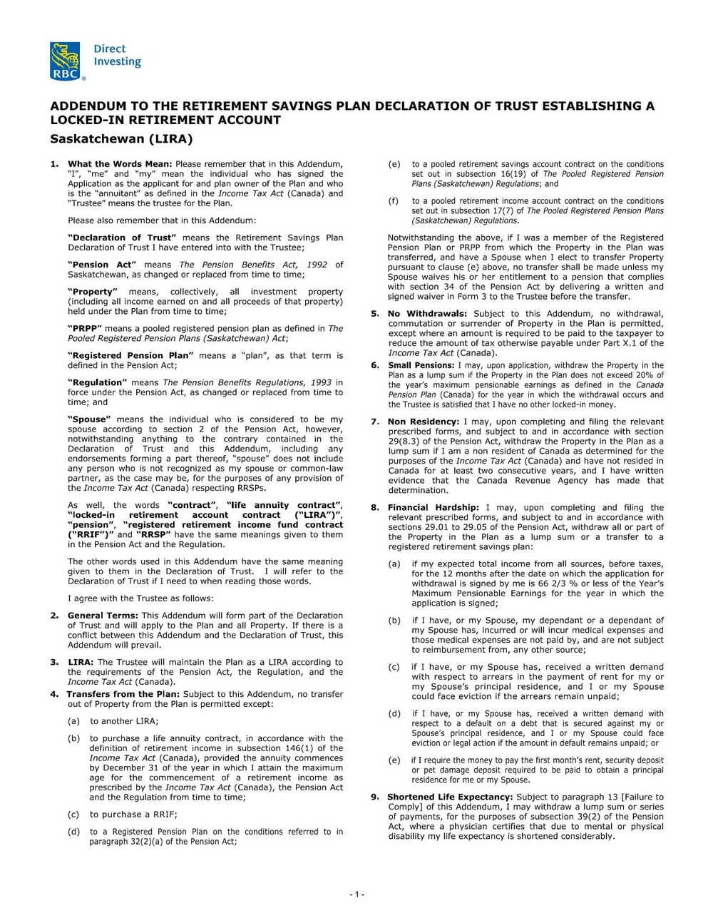 RBC Bank Form - LIRA - Saskatchewan Addendum PDF Download