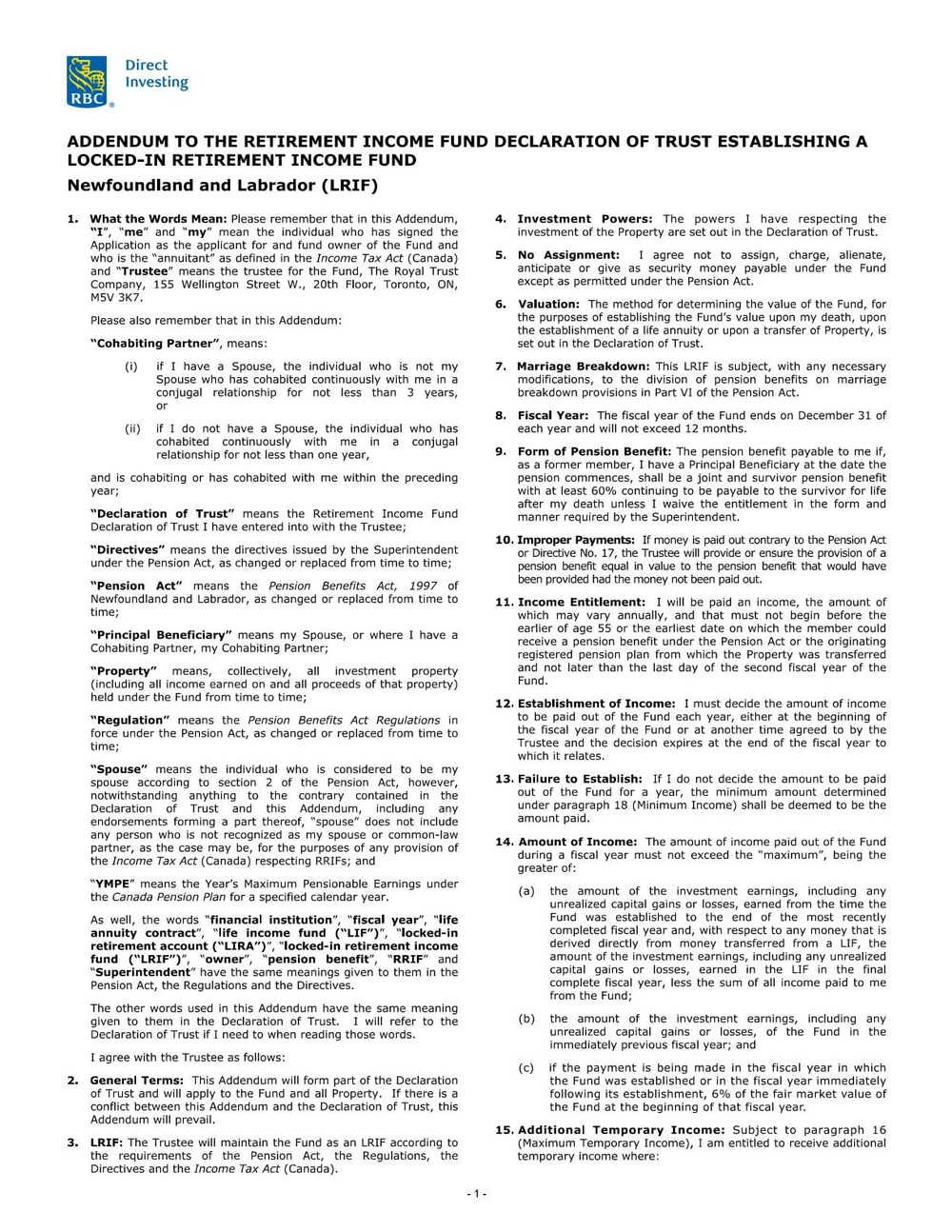 RBC Bank Form - LRIF - Newfoundland & Labrador Addendum PDF Download