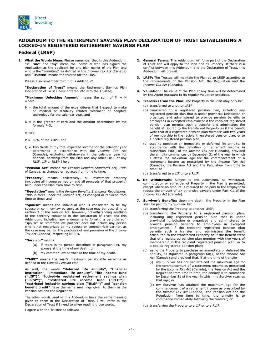 RBC Bank Form - LRSP - Federal Addendum PDF Download