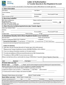 RBC Bank Form - Letter of Authorization to Transfer Security PDF Download