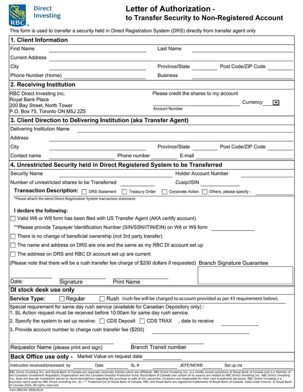 RBC Bank Form - Letter of Authorization to Transfer Security PDF Download