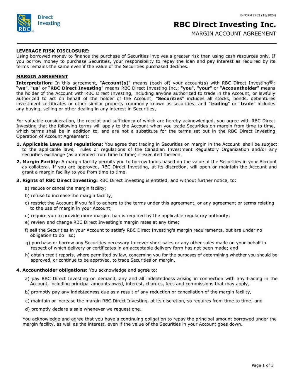 RBC Bank Form - Margin Agreement PDF Download