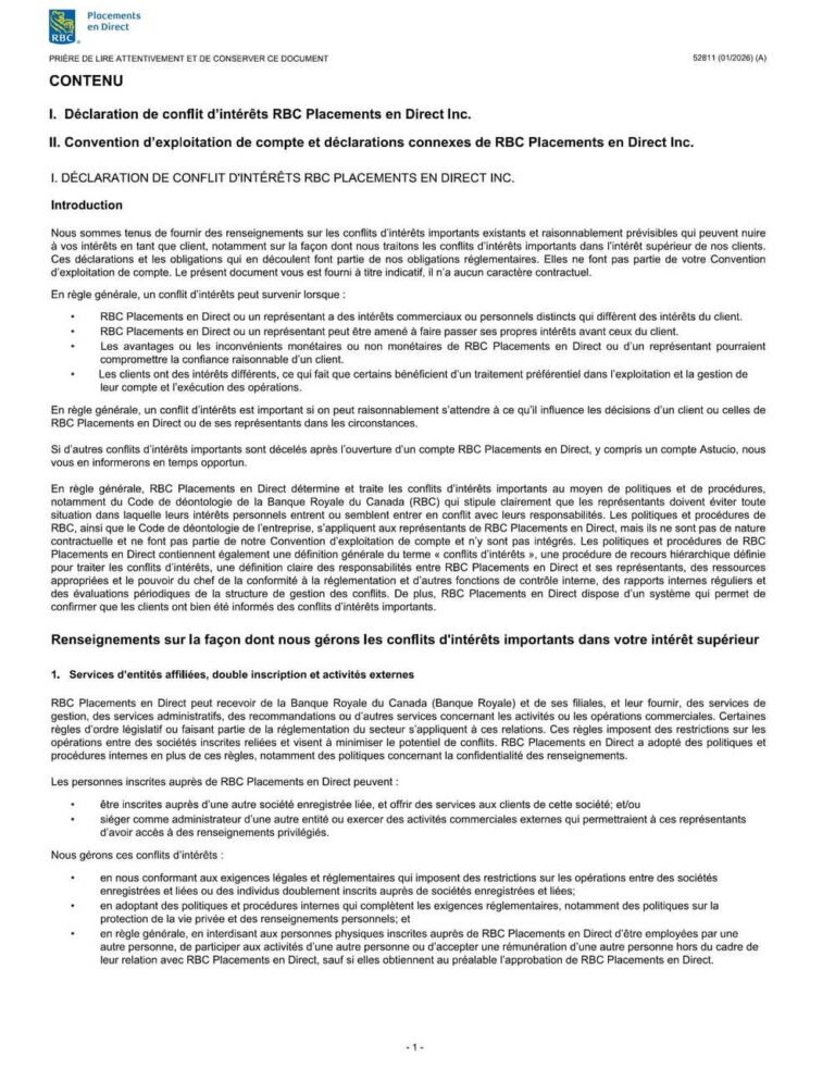 RBC Bank Form - Operation of Account Agreement (French Version) PDF ...