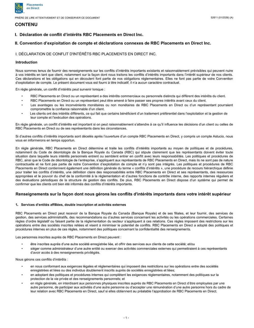 RBC Bank Form - Operation of Account Agreement (French Version) PDF Download