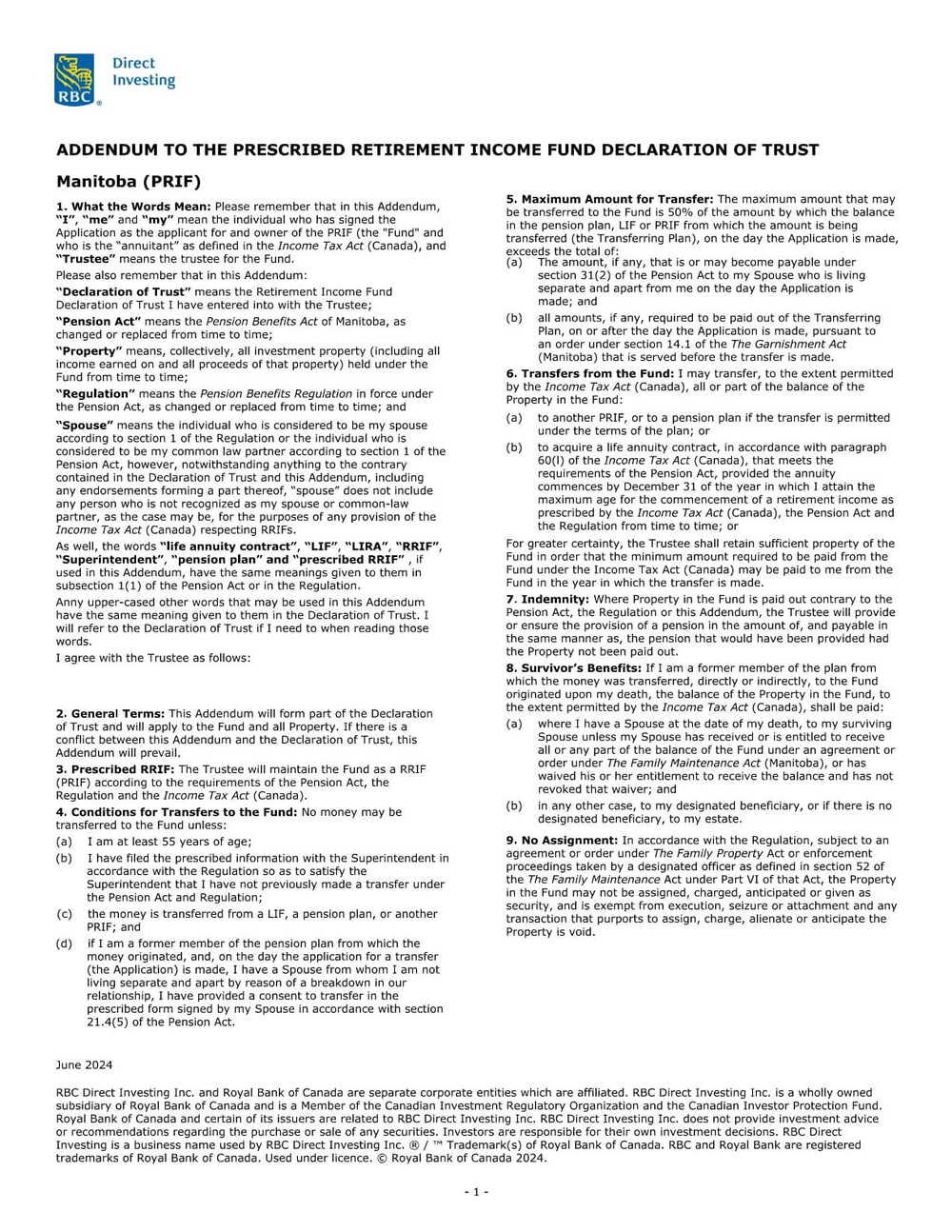 RBC Bank Form - PRIF - Manitoba Addendum PDF Download