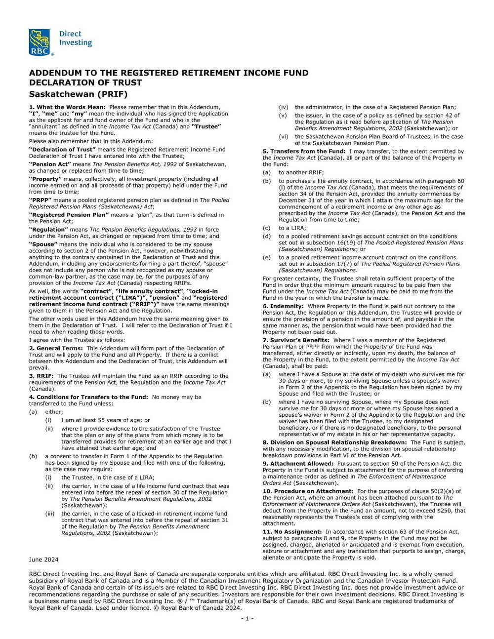 RBC Bank Form - PRIF - Saskatchewan Addendum PDF Download