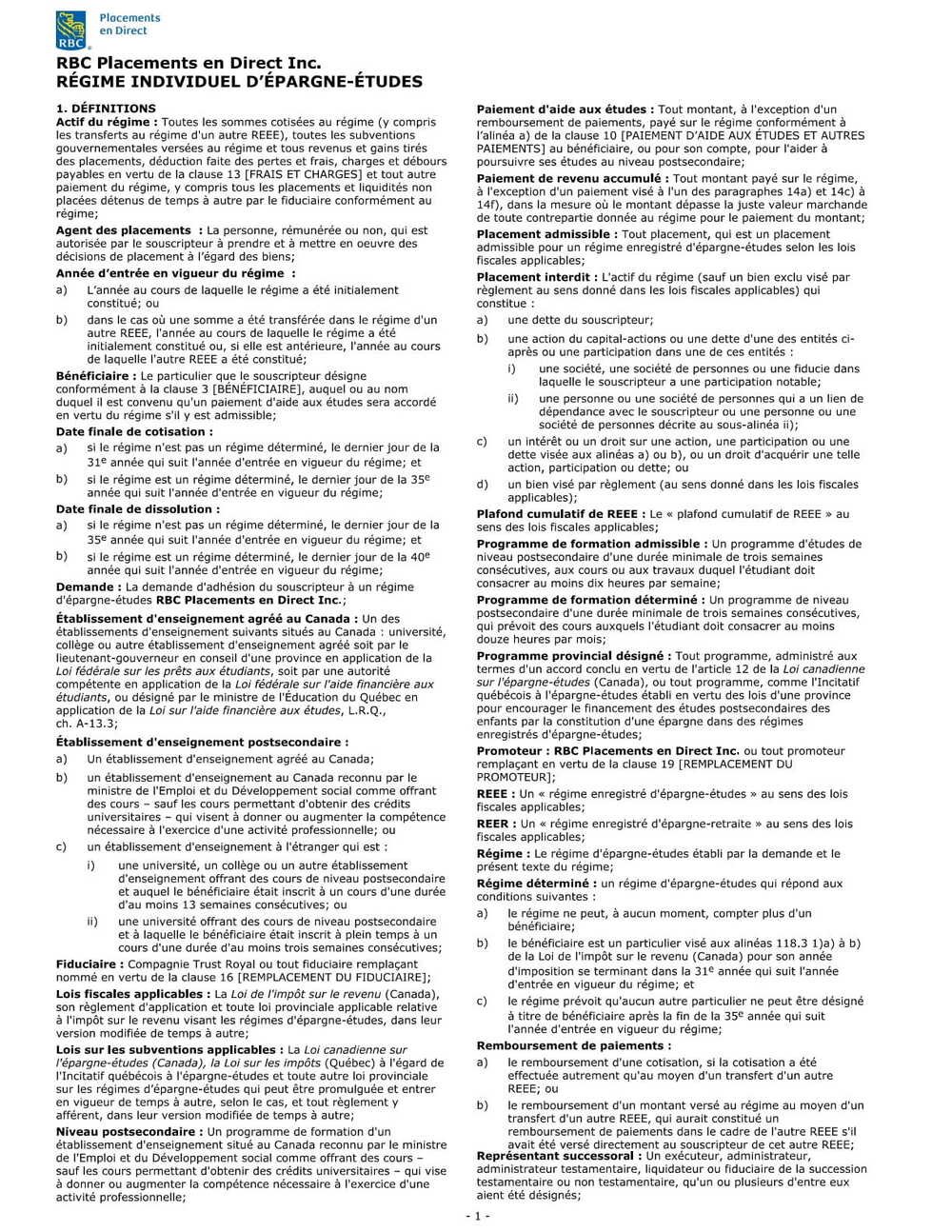 RBC Bank Form - Plan Text (French Version) PDF Download