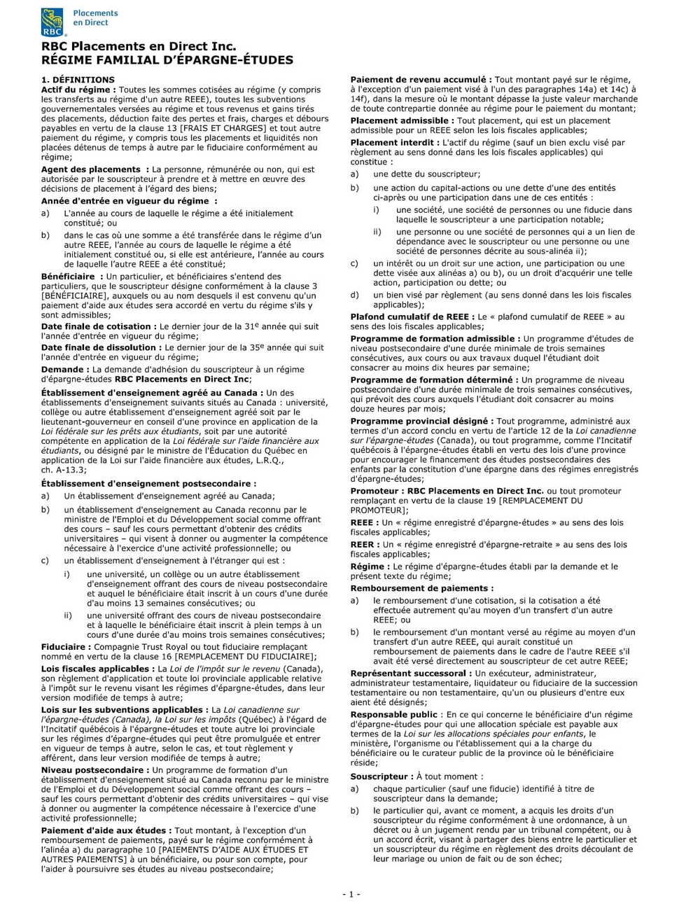 RBC Bank Form - Plan Text (French Version) PDF Download