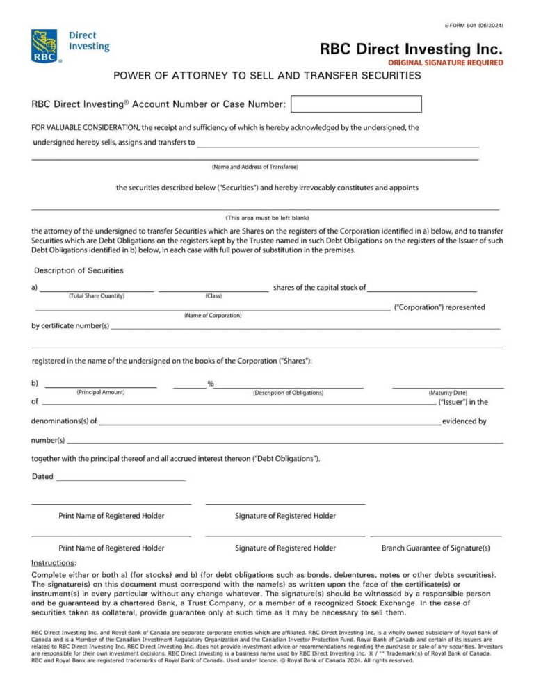 RBC Bank Form - Power of Attorney Form to Sell and Transfer Securities ...