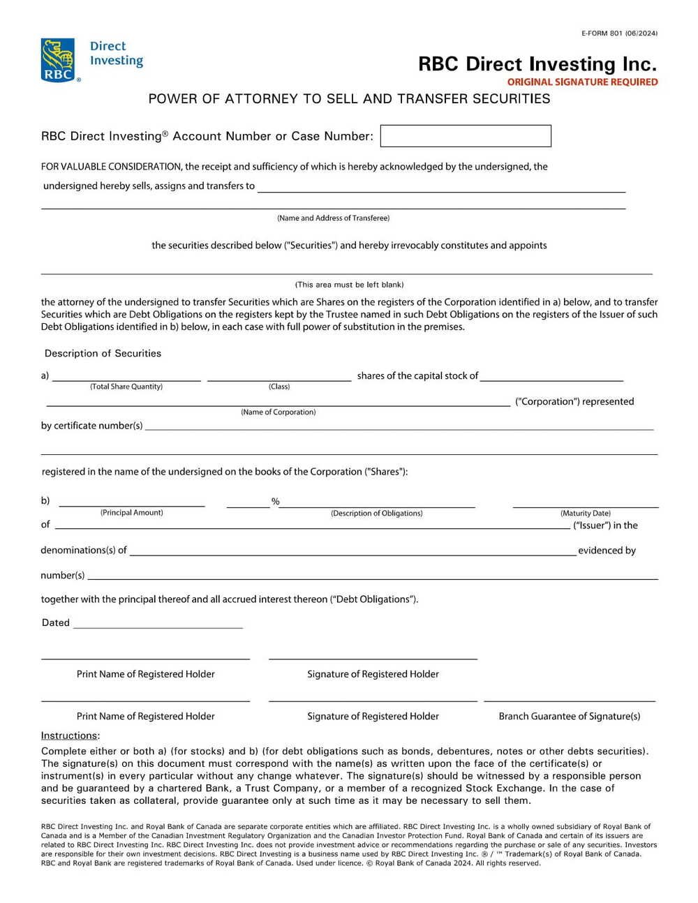RBC Bank Form - Power of Attorney Form to Sell and Transfer Securities PDF Download
