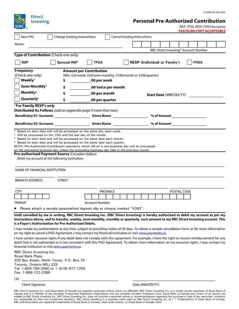 Resp Contribution Log Format Example RBC Bank Form - Pre-Authorized Contribution (RRSP, TFSA, RESP Accounts ...