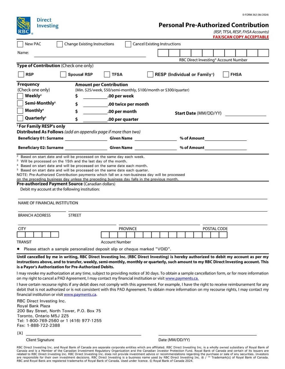 RBC Bank Form - Pre-Authorized Contribution (RRSP, TFSA, RESP Accounts, FHSA) PDF Download
