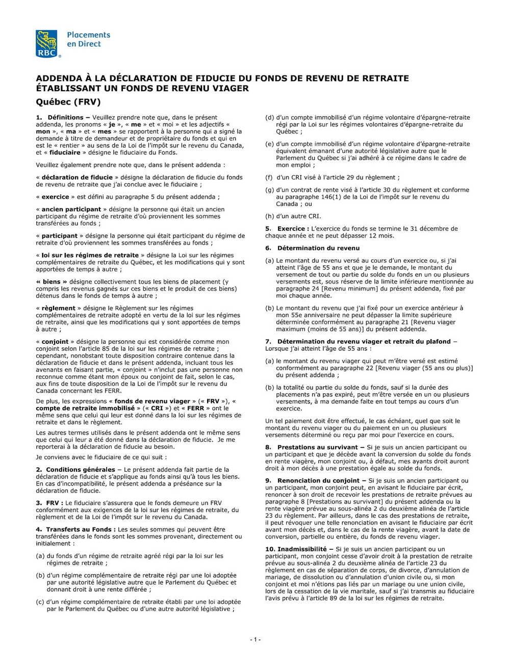 RBC Bank Form - Quebec Addendum (French Version) PDF Download