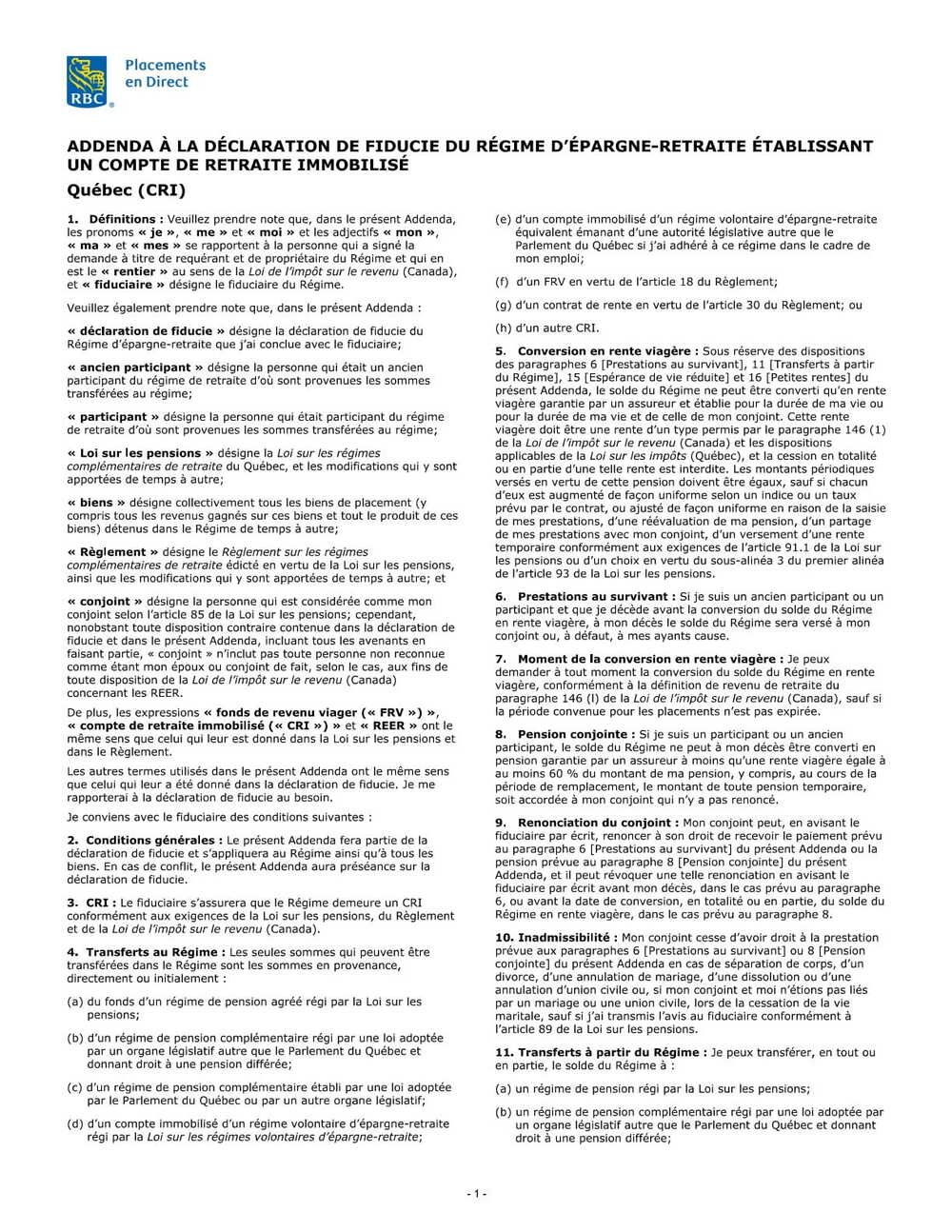 RBC Bank Form - Quebec Addendum (French Version) PDF Download
