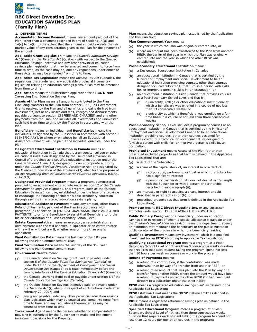 RBC Bank Form - RESP Plan Text (Family Plan) PDF Download