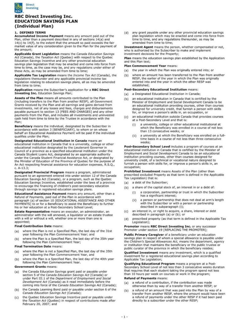 RBC Bank Form - RESP Plan Text (Individual Plan) PDF Download
