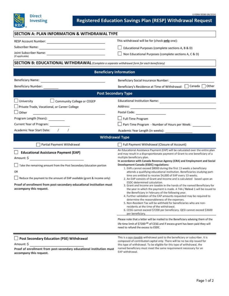 Bank Withdrawal Form.pdf RBC Bank Form - RESP Withdrawal Request PDF Download