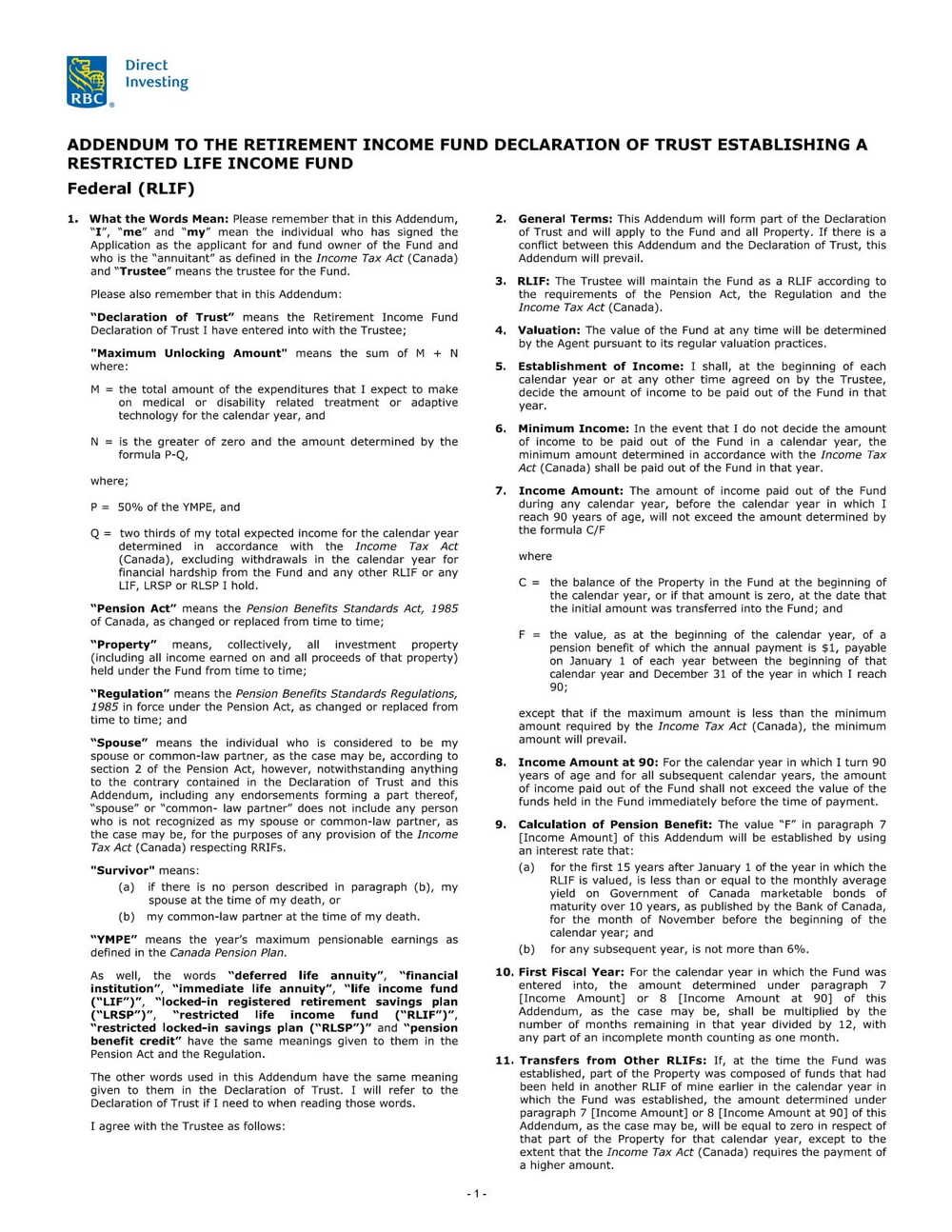 RBC Bank Form - RLIF - Federal Addendum PDF Download