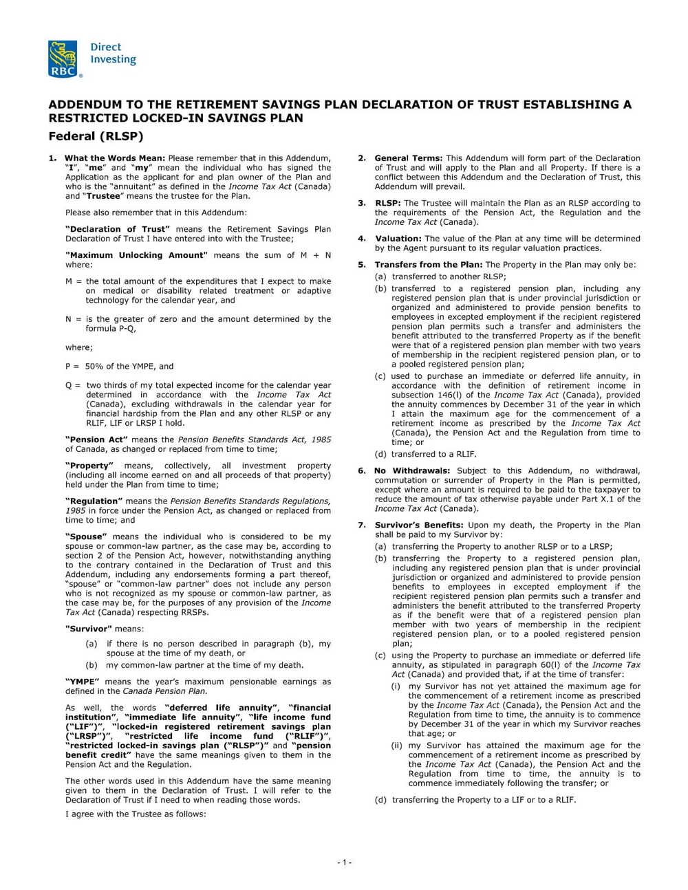 RBC Bank Form - RLSP - Federal Addendum PDF Download