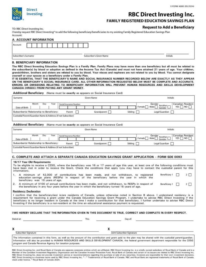 RBC Bank Form - Request to Add a Beneficiary to an Education Savings ...