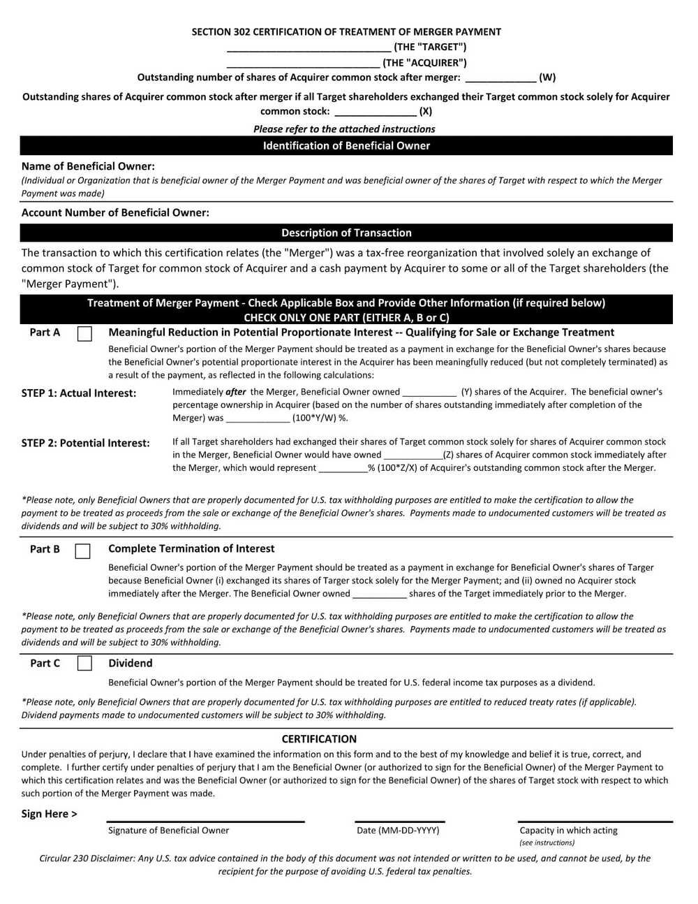 RBC Bank Form - Section 302 Certification of Treatment of Merger Payment PDF Download