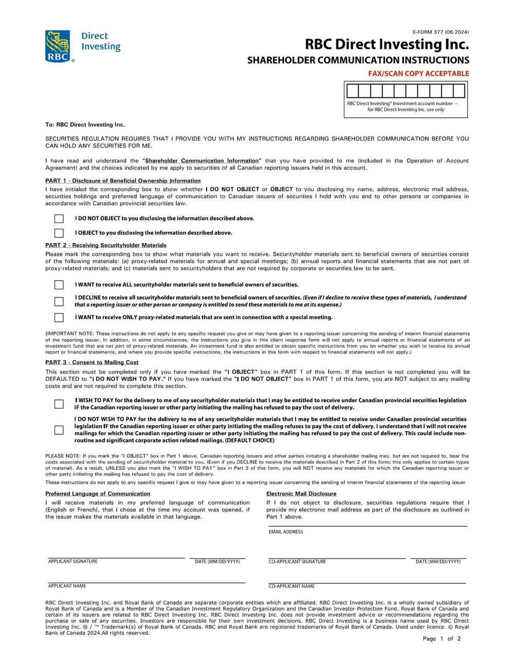RBC Bank Form - Shareholder Communication Instructions PDF Download