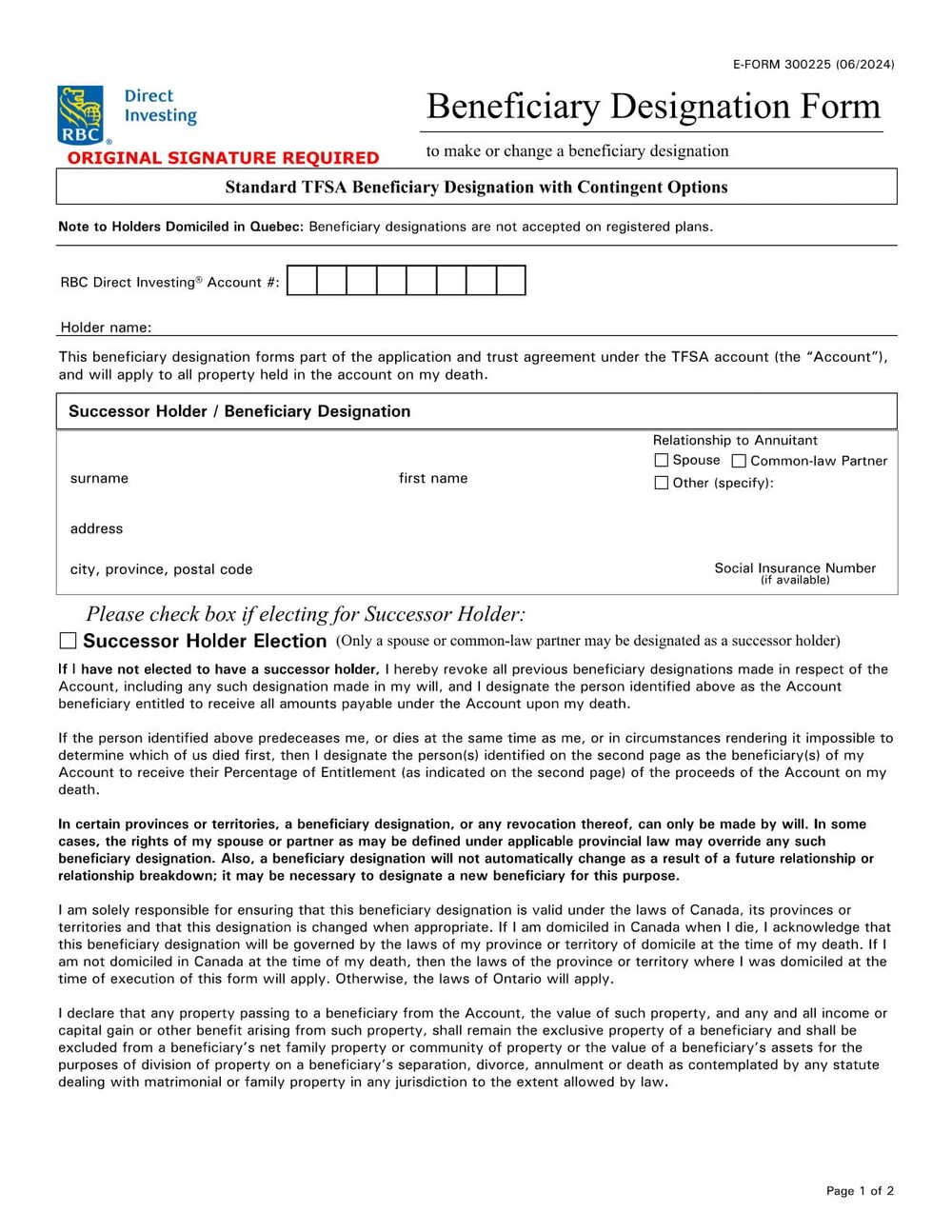 RBC Bank Form -TFSA Beneficiary Designation with Contingent Options Guide PDF Download