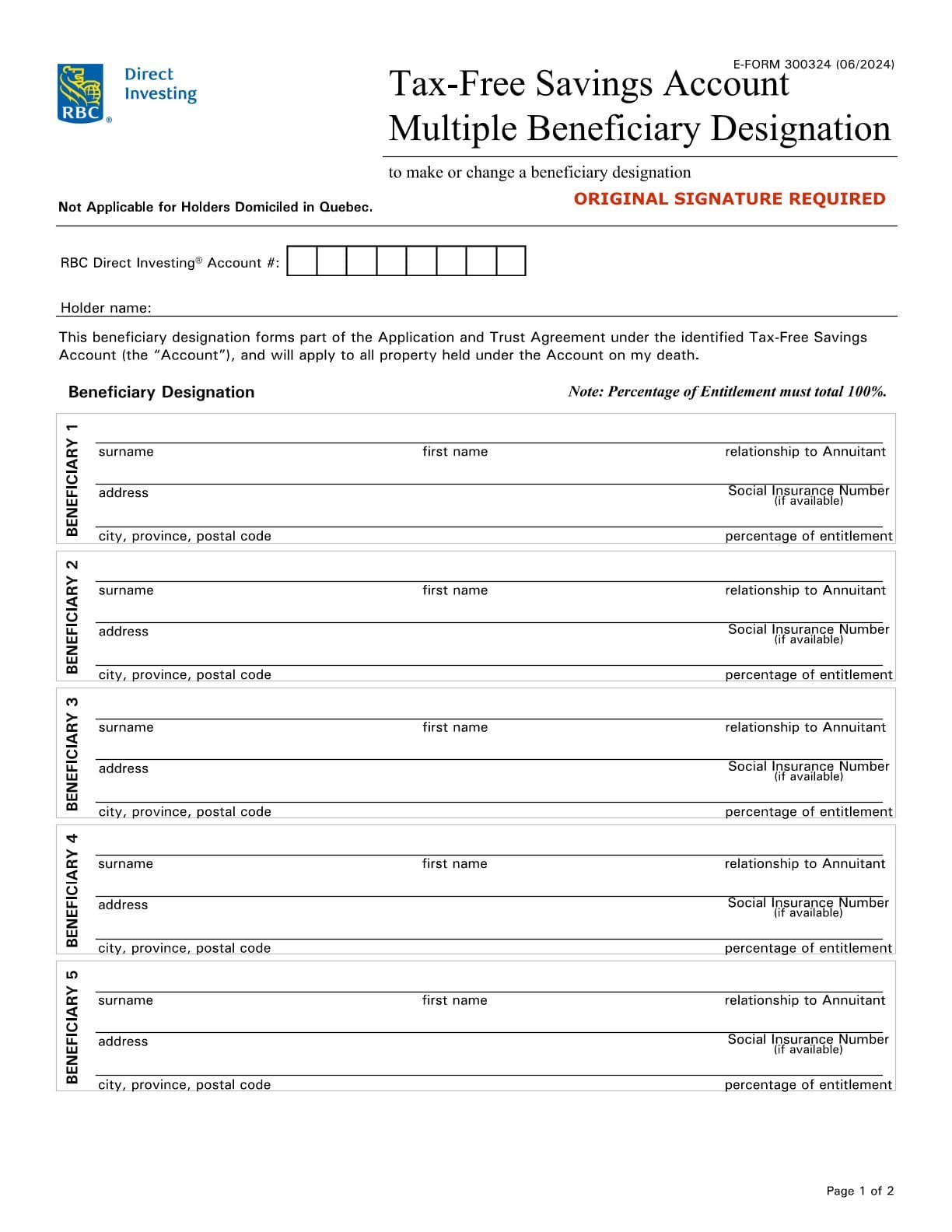 RBC Bank Form - TFSA Multiple Beneficiary Designation Guide PDF Download
