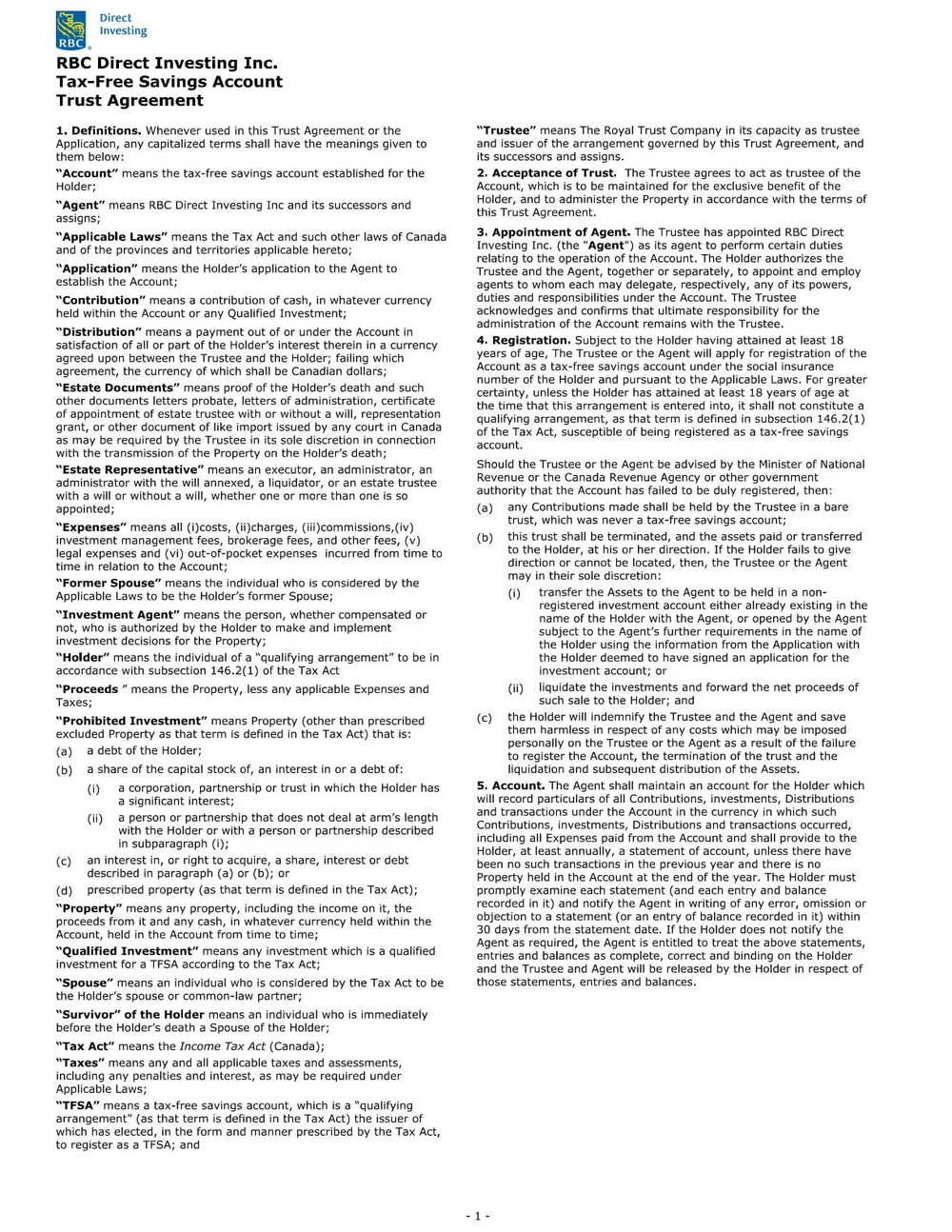 RBC Bank Form - Tax-Free Savings Account - Trust Agreement PDF Download