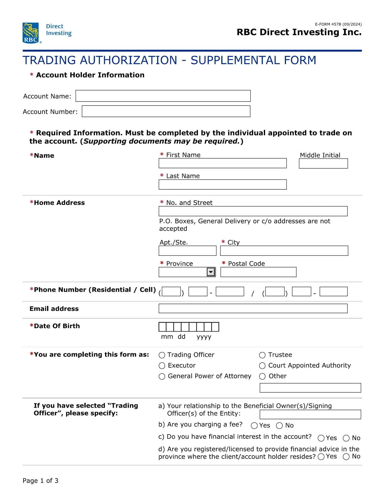 RBC Bank Form - Trading Authorization - Supplemental Form PDF Download