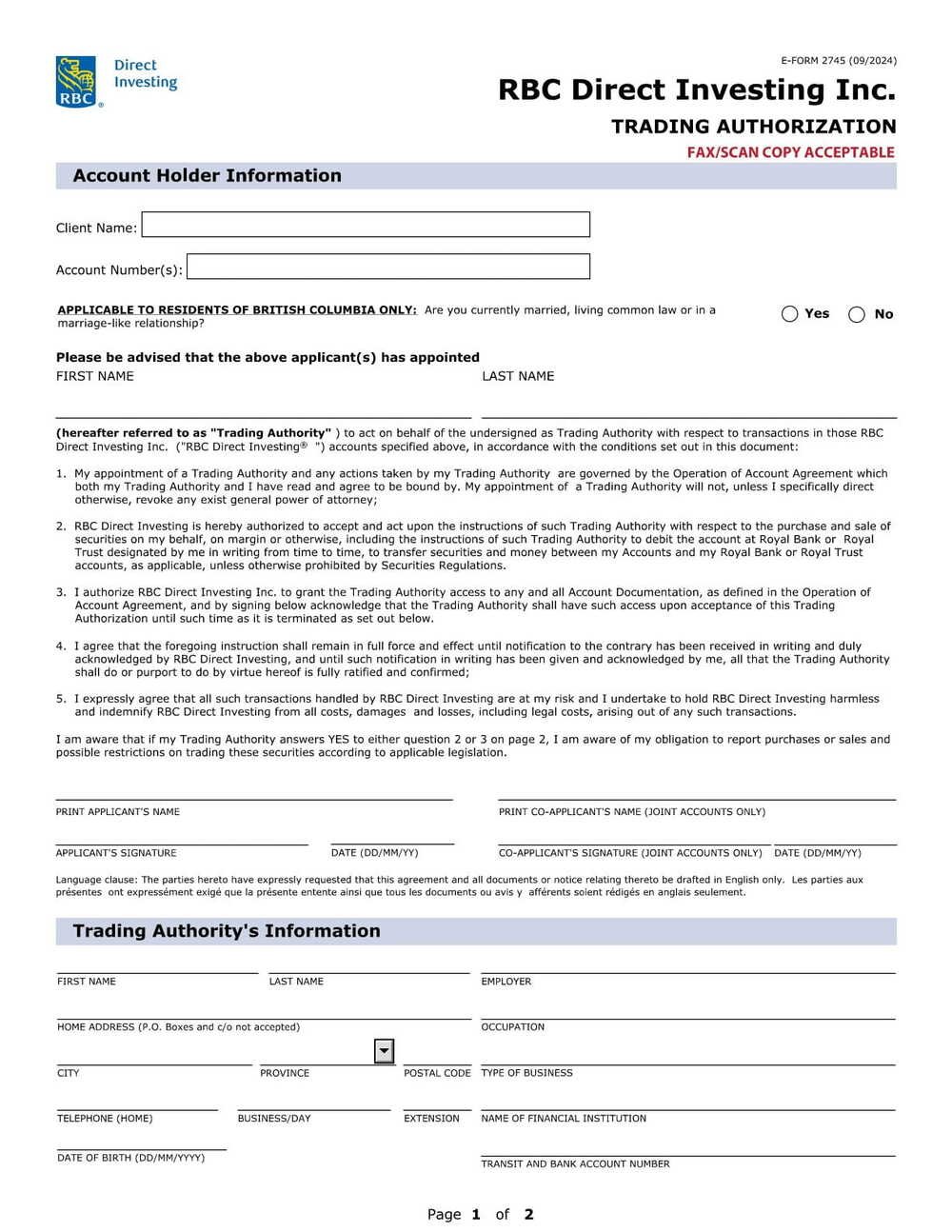 RBC Bank Form - Trading Authorization (Valid Occupation List) PDF Download