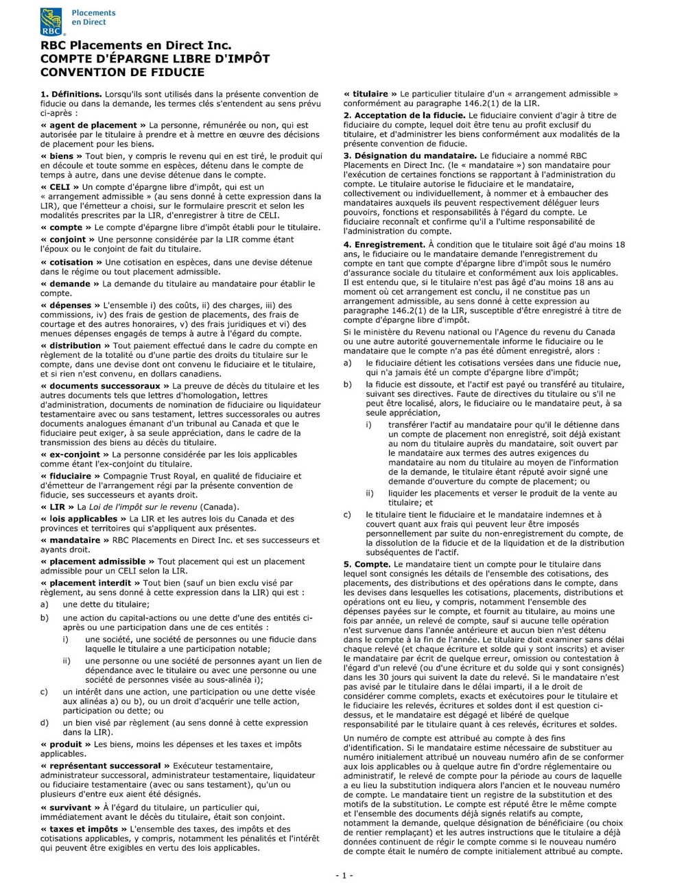 RBC Bank Form - Trust Agreement (French Version) PDF Download