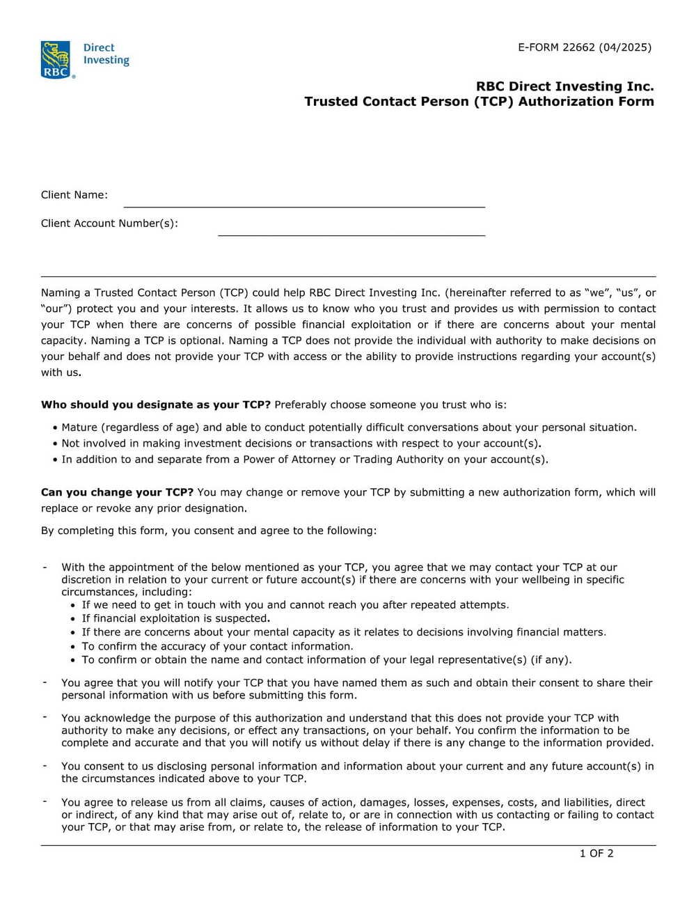 RBC Bank Form - Trusted Contact Person (TCP) PDF Download