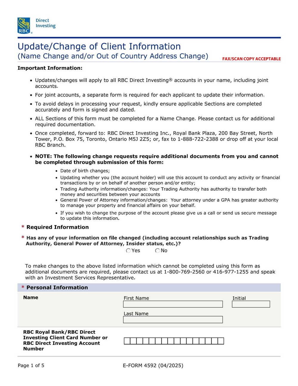RBC Bank Form - UpdateChange of Client Information Name Address PDF Download