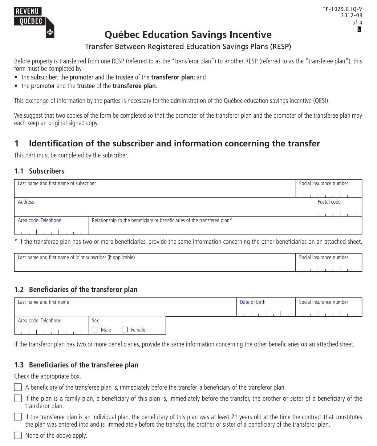 RCB Bank Form - Quebec Education Savings Incentive PDF Download
