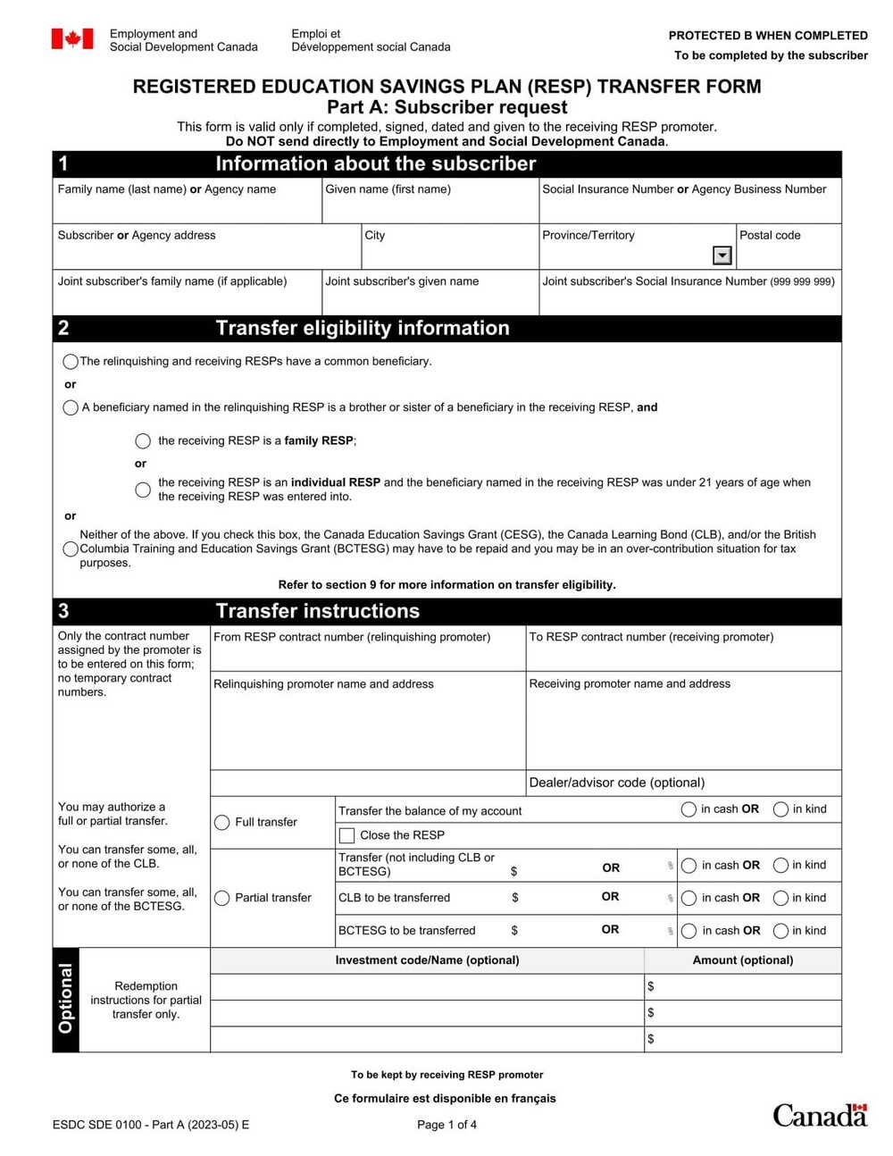 RCB Bank Form - Transfer (RESP) PDF Download