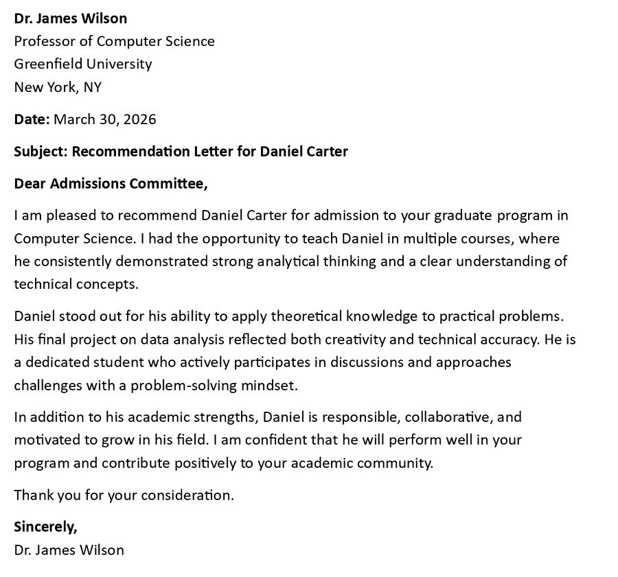 Recommendation Letter for Daniel Carter