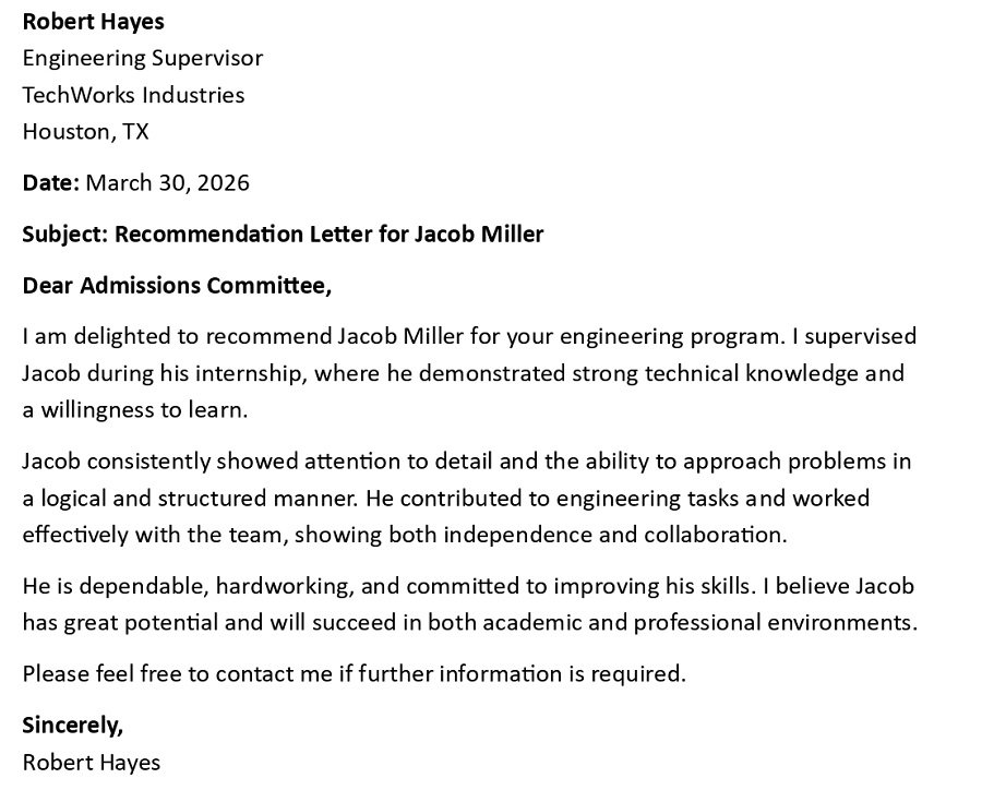 Recommendation Letter for Jacob Miller