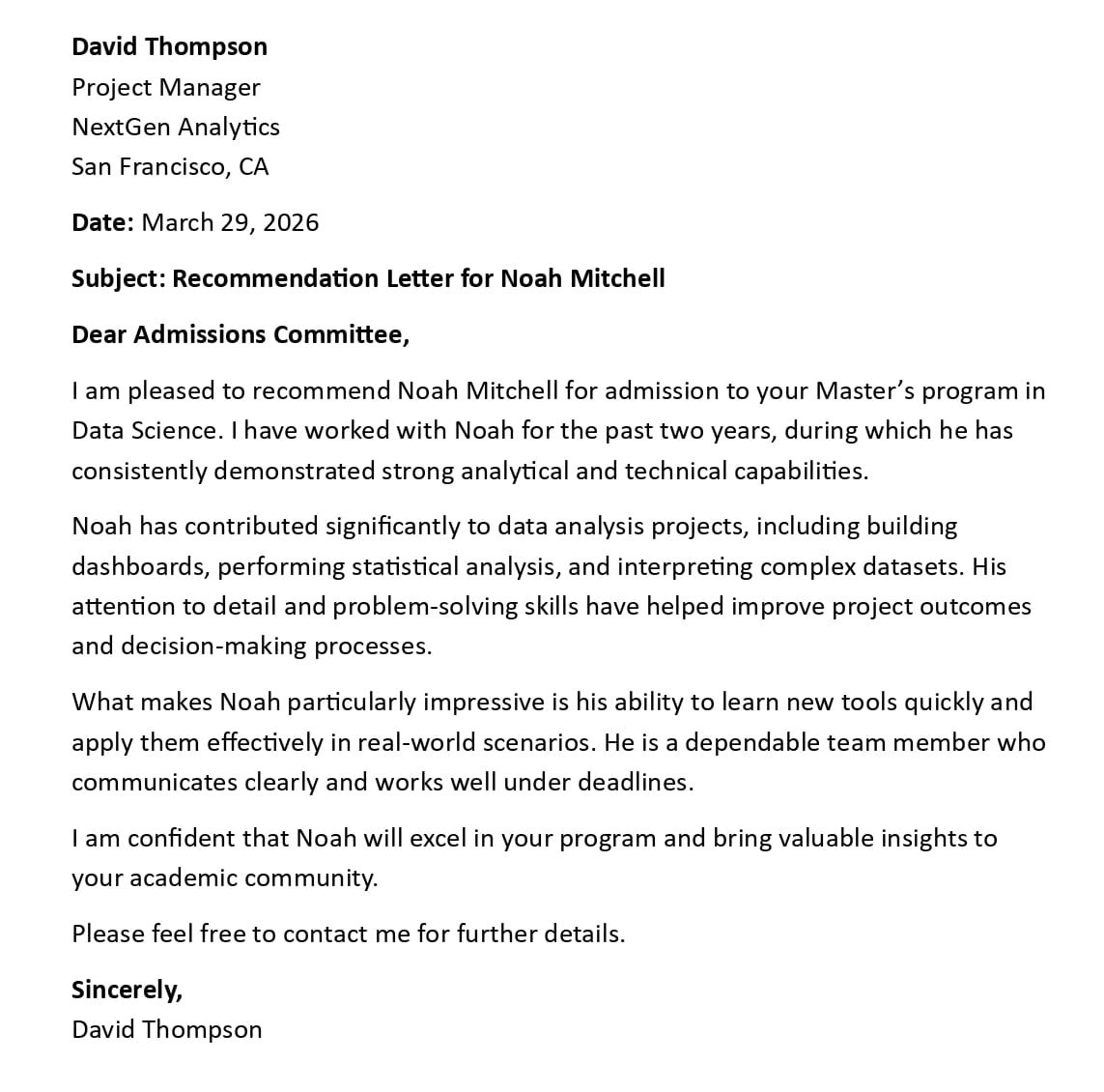 Recommendation Letter for Noah Mitchell