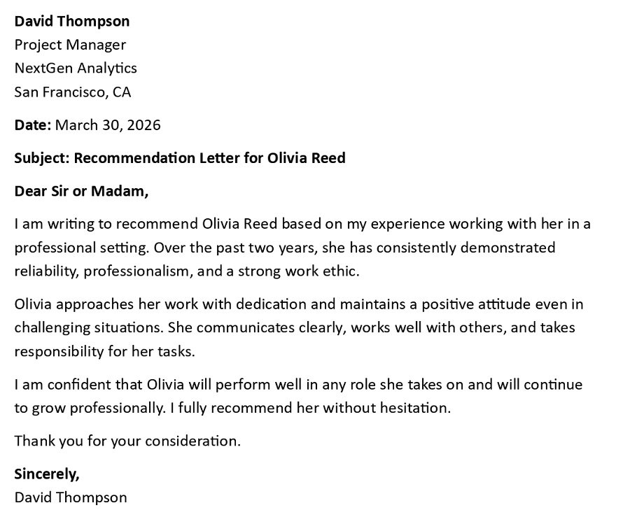 Recommendation Letter for Olivia Reed