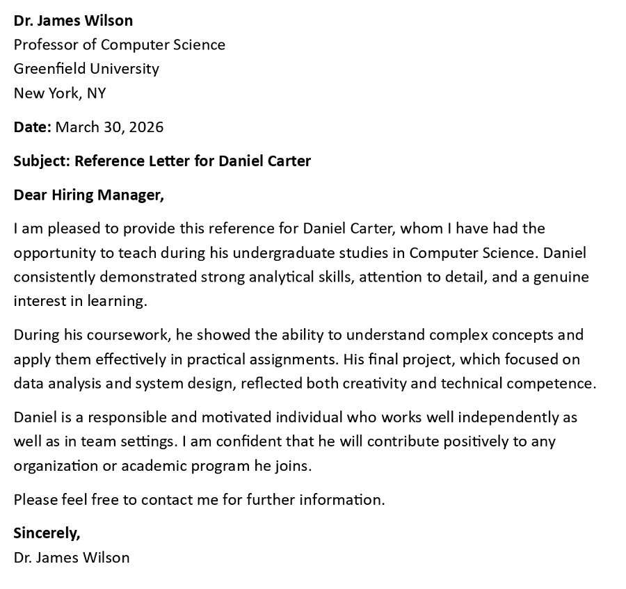 Reference Letter for Daniel Carter