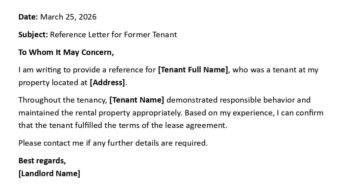 Reference Letter for Former Tenant