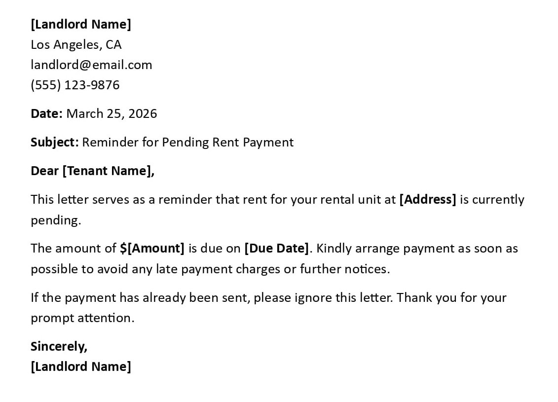 Reminder for Pending Rent Payment