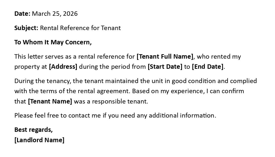 Rental Reference for Tenant