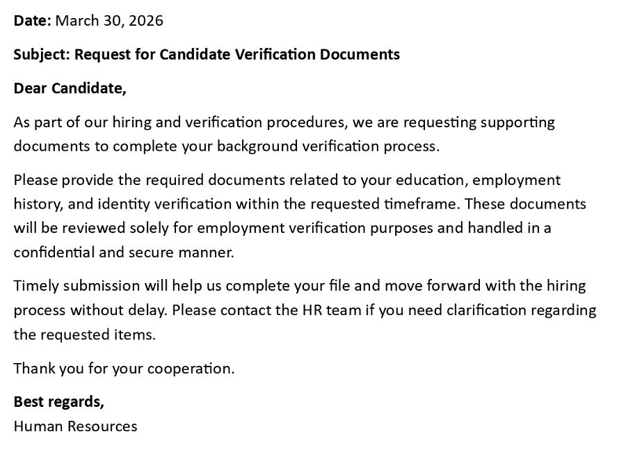 Request for Candidate Verification Documents