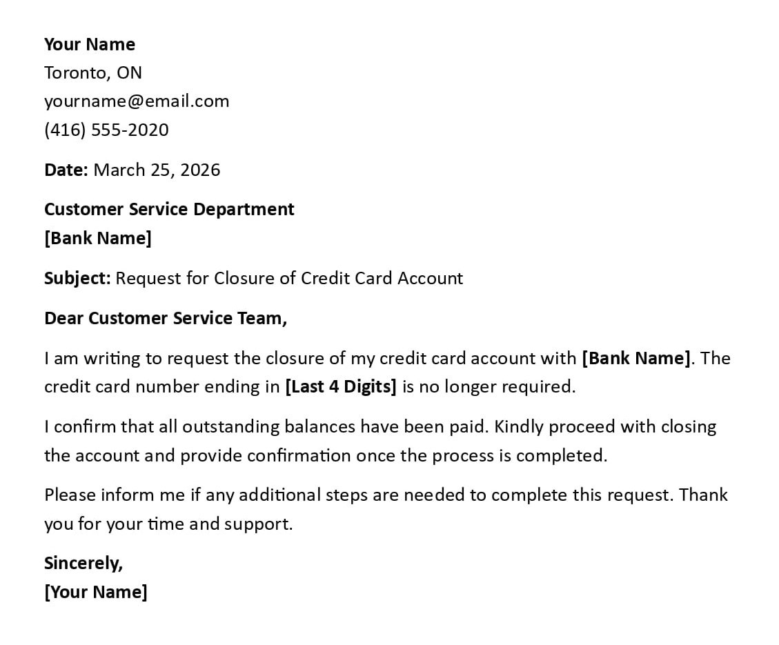 Request for Closure of Credit Card Account
