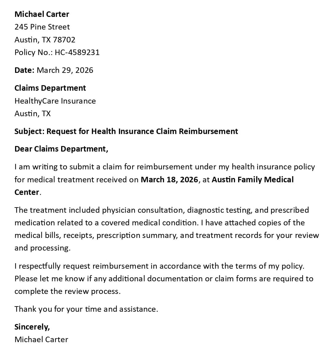 Request for Health Insurance Claim Reimbursement