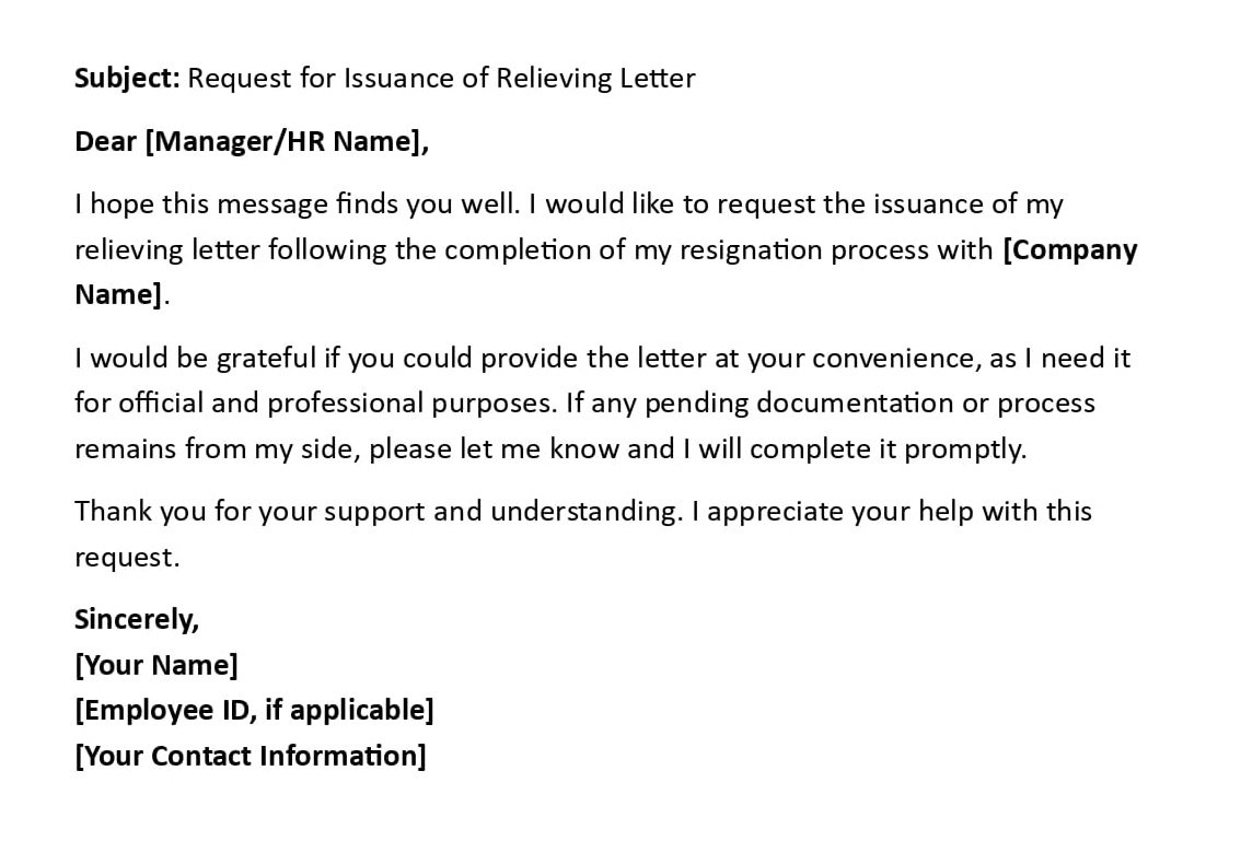 Request for Issuance of Relieving Letter